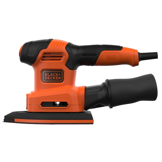 Een BLACK+DECKER BEW200 elektrische schuurmachine in oranje en zwart, zijaanzicht met stofafzuiging.