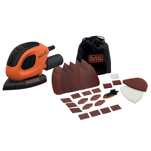 BLACK+DECKER Mouse schuurmachine set met meerdere schuurpads, accessoires en een zwarte opbergtas, allemaal weergegeven op een witte achtergrond.