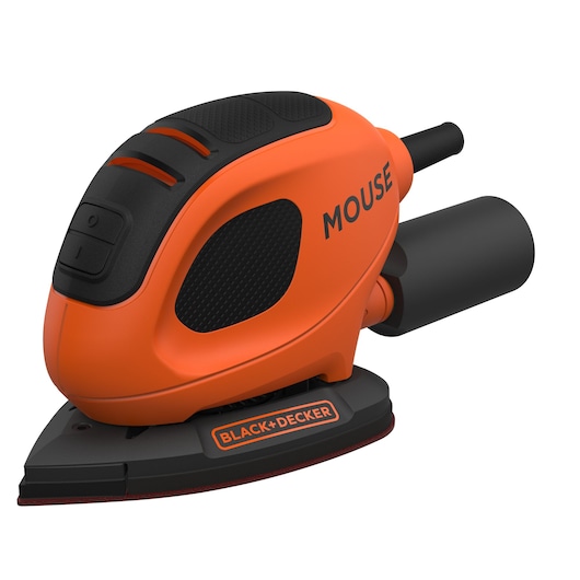 Een BLACK+DECKER BEW230 Mouse detail schuurmachine met een oranje en zwart ontwerp, voorzien van een puntige schuurvoet en een stofafzuiging.