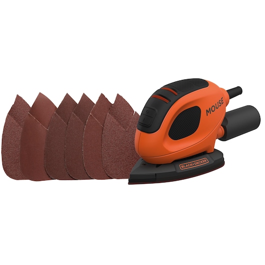 BLACK+DECKER muis detailschuurmachine in oranje en zwart, met zes bruine schuurvellen aan de voorkant.