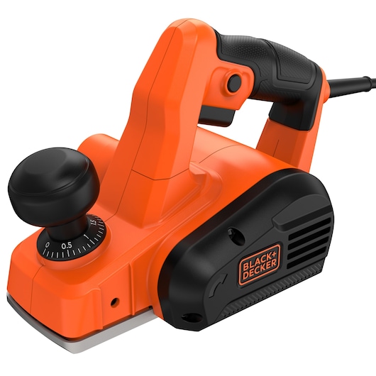 Photo du rabot électrique BLACK+DECKER BEW712 orange et noir, vue de face sur fond blanc.