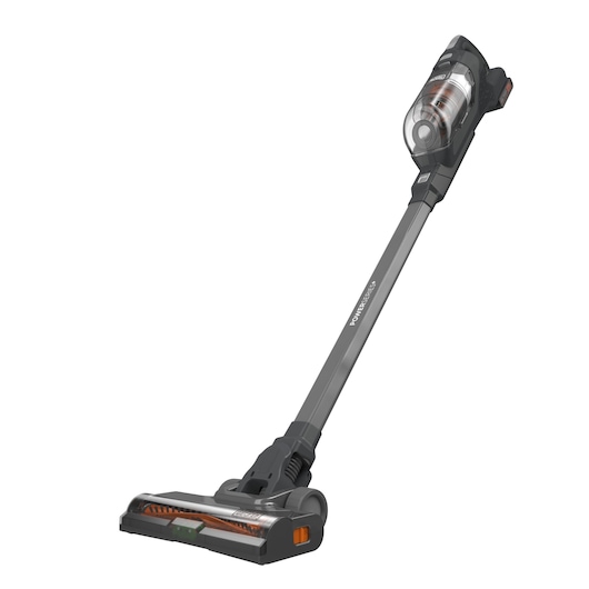Un aspirateur-balai sans fil BLACK+DECKER avec un récipient à poussière transparent et un design long et fin, présenté sur un fond blanc.