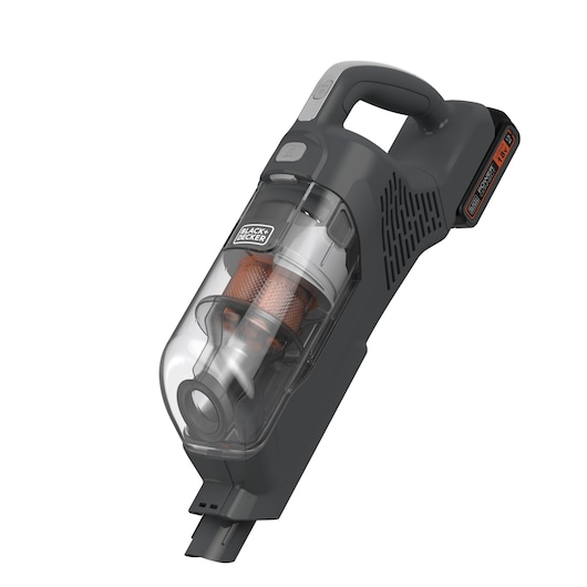 Un aspirateur à main sans fil BLACK+DECKER avec une chambre à poussière transparente et un filtre visible. L'appareil a un design noir et gris avec un bloc-batterie fixé à l'arrière.