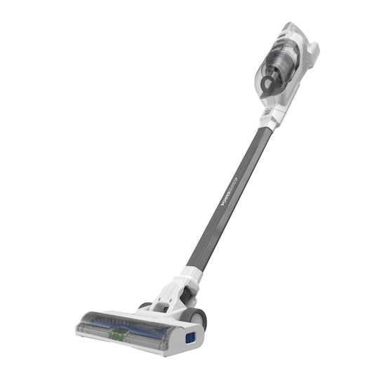 BLACKDECKER BHFEA420J aspirateur balai sans fil blanc et gris, vue latérale sur fond blanc.