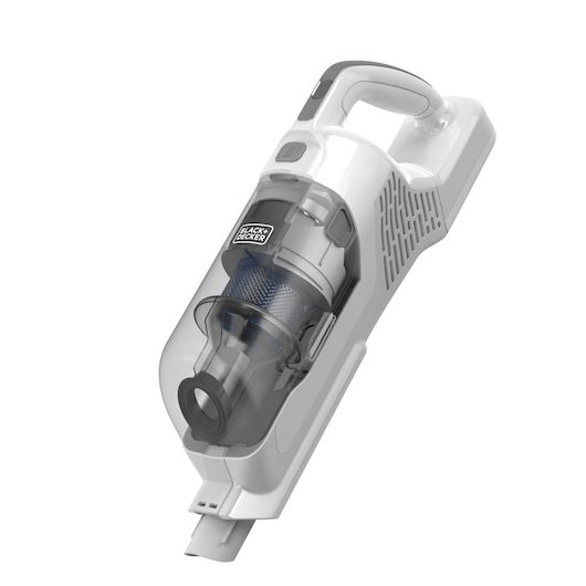 Photo d’aspirateur à main BLACKDECKER BHFEA420J blanc et gris, vue de face en angle.