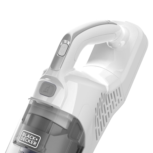 Aspirateur à main BLACK+DECKER BHFEA420J, gros plan sur fond blanc montrant la poignée et le bac à poussière.