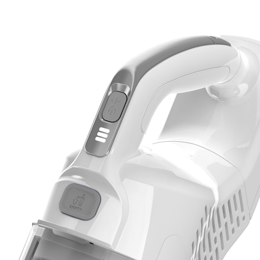 BLACK+DECKER BHFEA420J aspirateur à main gros plan, blanc et gris, poignée et boutons de commande visibles.