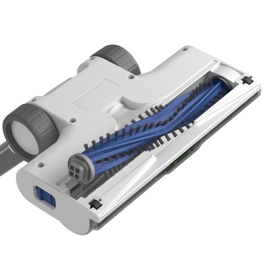 Brosse de sol de l'aspirateur BLACK+DECKER BHFEA420J avec brosse rotative bleue et roues grises, vue de dessus.