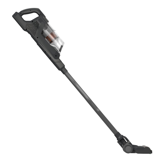 Un aspirateur balai sans fil avec un récipient à poussière transparent et un design noir élégant, présenté sur fond blanc.