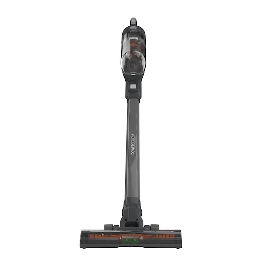 Vue de face d'un aspirateur balai sans fil BLACK+DECKER avec bac à poussière transparent, manche long et large tête de brosse.