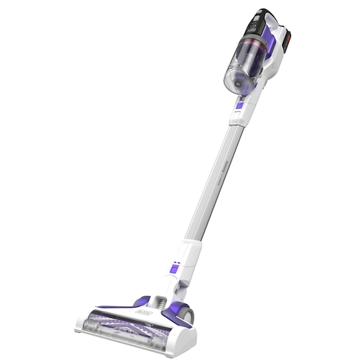Aspirateur balai sans fil avec un design blanc et violet, doté d'un récipient à poussière transparent et d'une tête de brosse motorisée.