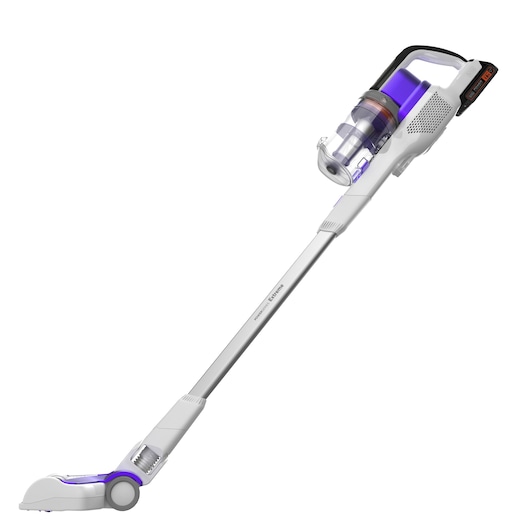 Un aspirateur balai sans fil au design blanc et violet, doté d'un réservoir à poussière transparent et d'une poignée ergonomique.