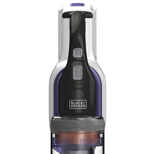 BLACK+DECKER BHFEV1825CP draadloze stofzuiger voorkant, zwarte en paarse details.