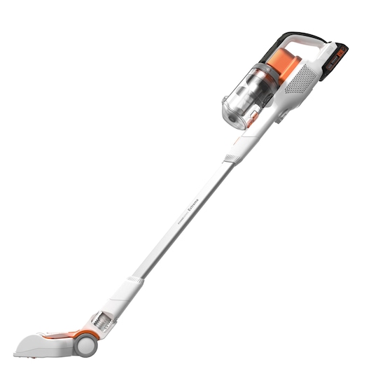 Un aspirateur balai sans fil BLACK+DECKER, modèle BHFEV1825C, avec un corps fin blanc et des accents orange, conçu pour une maniabilité et un nettoyage facile.