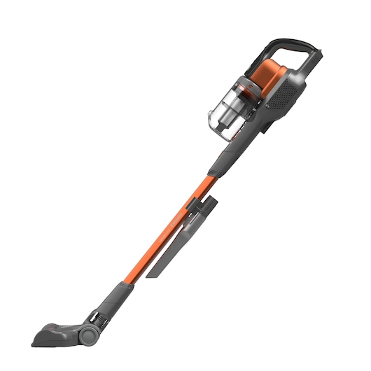 Un aspirateur balai sans fil BLACK+DECKER avec un design orange et gris, présenté sur un fond blanc.