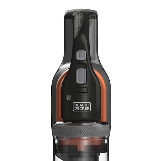Vue de face d'un aspirateur sans fil BLACK+DECKER, montrant sa poignée, ses boutons de commande et le logo de la marque.
