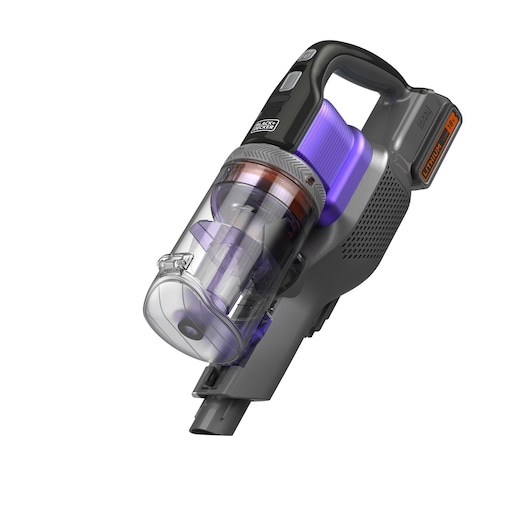 Een BLACK+DECKER draadloze handstofzuiger met een transparante stofcontainer, zwarte en paarse accenten en een 18V lithiumbatterij.