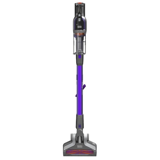 Een BLACK+DECKER staande draadloze stofzuiger met een paarse behuizing en een doorzichtige stofbak, gefotografeerd tegen een witte achtergrond.