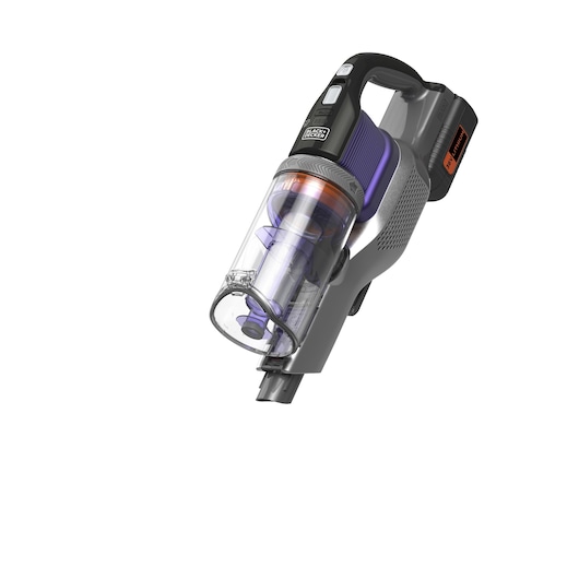 Een draadloze BLACK+DECKER handstofzuiger met een transparante stofcontainer en paarse accenten, afgebeeld tegen een witte achtergrond.