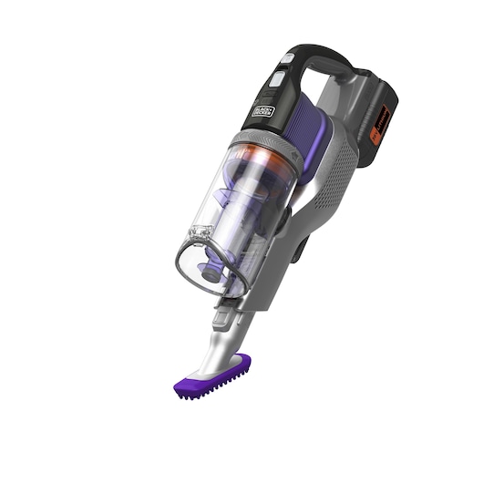 Een draadloze handstofzuiger van BLACK+DECKER met een transparante stofkamer en paarse accenten, ontworpen voor efficiënt schoonmaken.