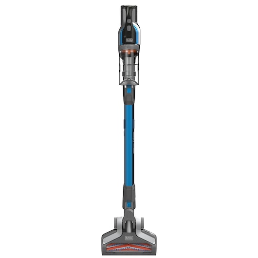 Een BLACK+DECKER draadloze steelstofzuiger, model BHFEV362D, rechtop weergegeven met een blauwe en grijze behuizing en een transparant stofreservoir.