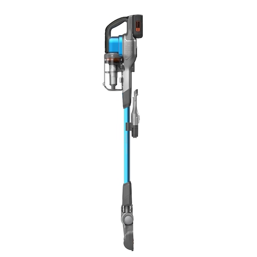 Een snoerloze steelstofzuiger met een blauwe steel, een transparante stofcontainer en afneembare accessoires, verticaal afgebeeld tegen een witte achtergrond.