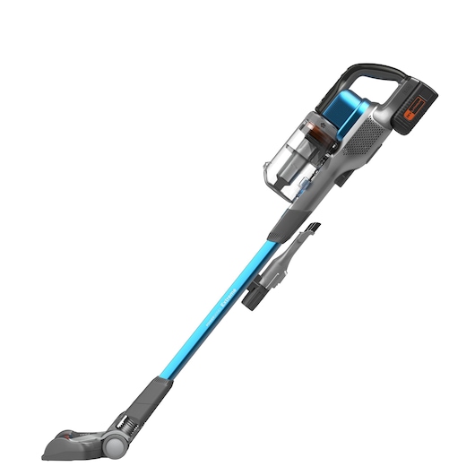 Een snoerloze steelstofzuiger met een blauw-grijs ontwerp, een transparante stofcontainer en diverse accessoires.