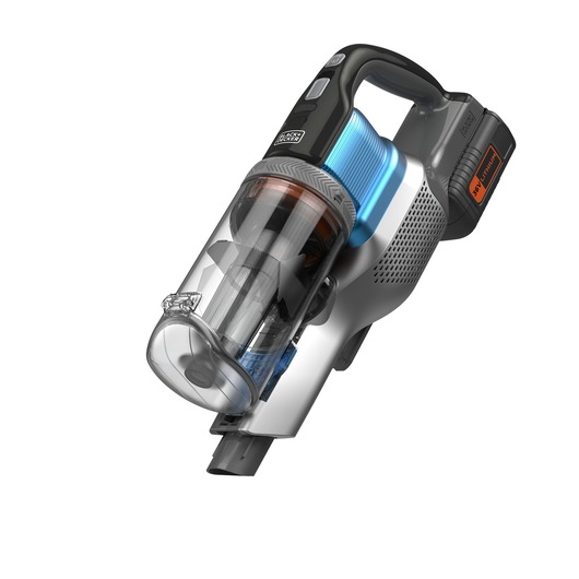 Een close-up afbeelding van een draadloze handstofzuiger van BLACK+DECKER met een transparante stofcontainer en een zichtbare batterij.