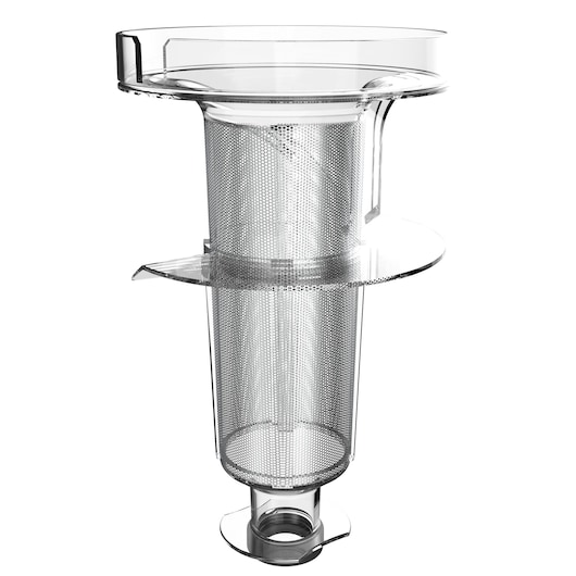 Accessoire filtre en maille cylindrique transparent pour aspirateur BLACKDECKER BHFEV362D, angle avant, fond blanc.