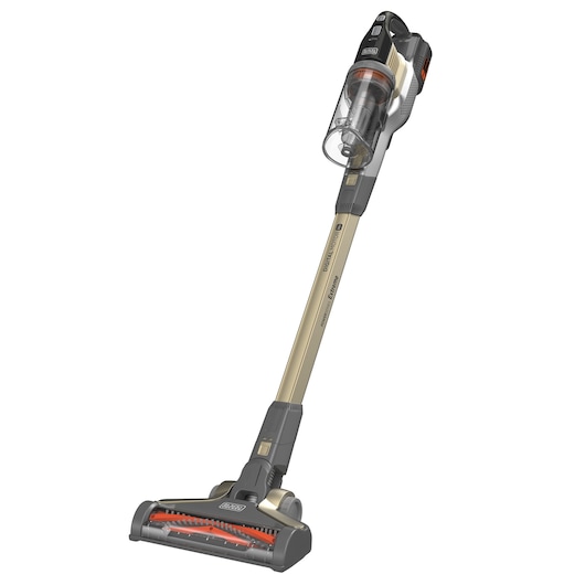 Draadloze steelstofzuiger van BLACK+DECKER, model BHFEV36B2D, weergegeven met een transparante stofcontainer en goudkleurige verlengbuis.