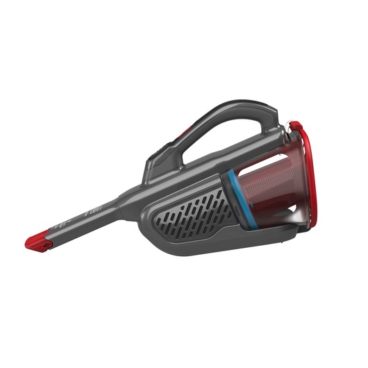 BLACK+DECKER handstofzuiger BHHV315J, zijaanzicht, grijze behuizing met rode en blauwe details, witte achtergrond.