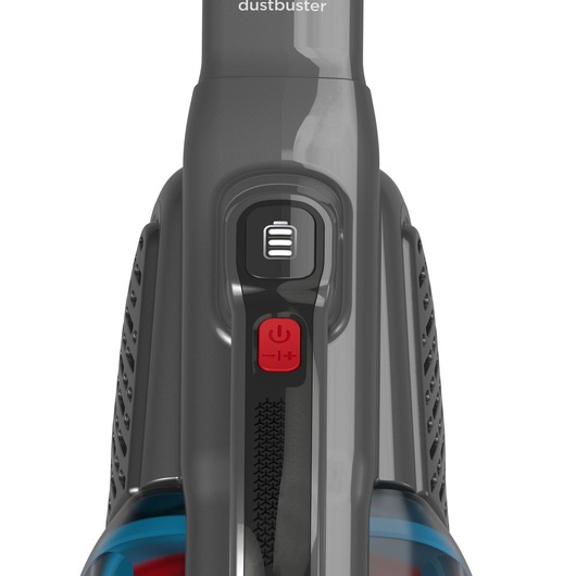 BLACKDECKER BHHV315J handheld-stofzuiger bedieningspaneel close-up, rode knop, grijze afwerking.