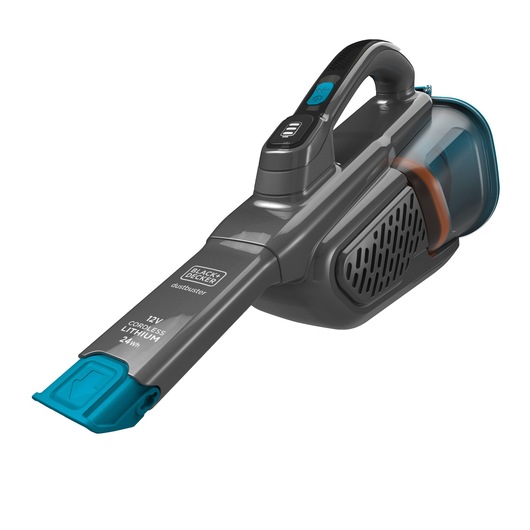 Een BLACK+DECKER draadloze handstofzuiger met een grijs en blauw ontwerp, voorzien van een slanke zuigmond en een ergonomische handgreep.