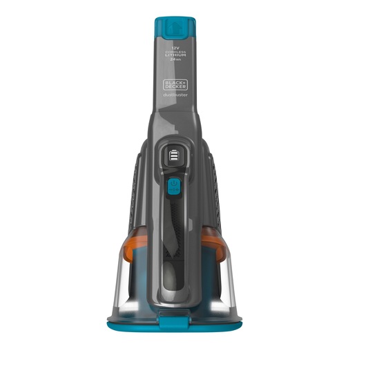 Vooraanzicht van een BLACK+DECKER BHHV320B draadloze handstofzuiger, met een grijs-blauw ontwerp, een transparante stofcontainer, een aan/uit-knop en batterij-indicator.