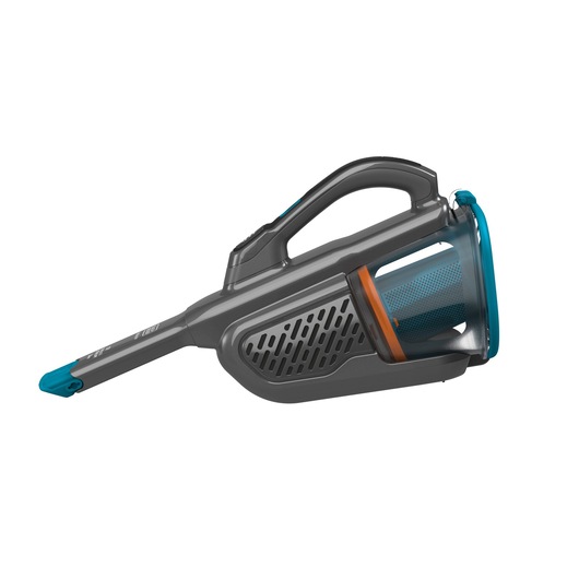 Een BLACK+DECKER handstofzuiger in grijs met blauwe en oranje accenten, voorzien van een transparante stofcontainer en een verlengde mondstuk.