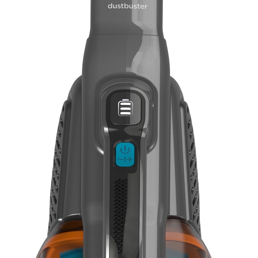 Close-up van de bedieningsknoppen op een BLACK+DECKER dustbuster handstofzuiger. De knoppen omvatten een aan/uit-knop en een zuigmodus-selector.