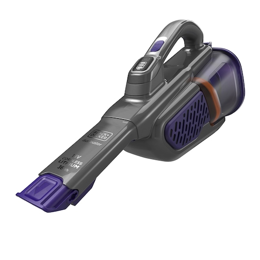 Een BLACK+DECKER draadloze handstofzuiger met een grijs en paars ontwerp, voorzien van een comfortabele handgreep en een transparente stofcontainer.
