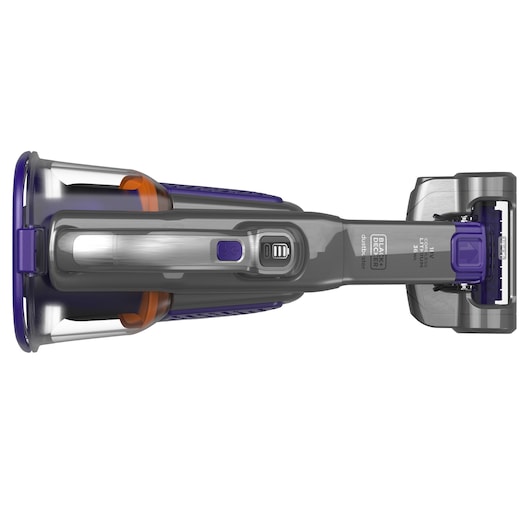 Bovenaanzicht van een BLACK+DECKER handstofzuiger met paarse en oranje accenten, met de aan-uitknop en het stofreservoir zichtbaar.