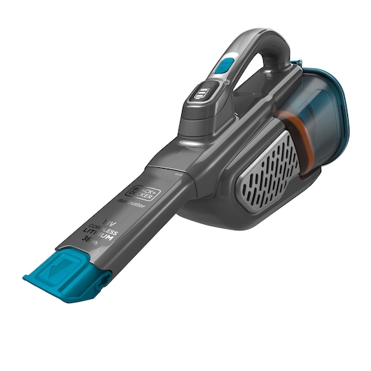 BLACK+DECKER draadloze handstofzuiger met lithiumbatterij, grijs-blauw design, ergonomische handgreep en een doorzichtige stofcontainer.