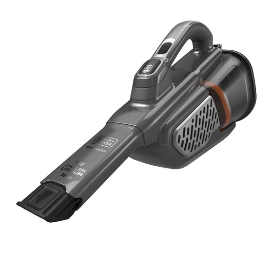 Draadloze handstofzuiger in grijs en zwart van BLACK+DECKER, voorzien van een lithiumbatterij en een ergonomische handgreep.