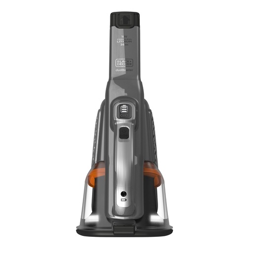 Vooraanzicht van een BLACK+DECKER draadloze handstofzuiger (model BHHV520JF) met een grijs en oranje ontwerp, rechtop geplaatst op de basis.