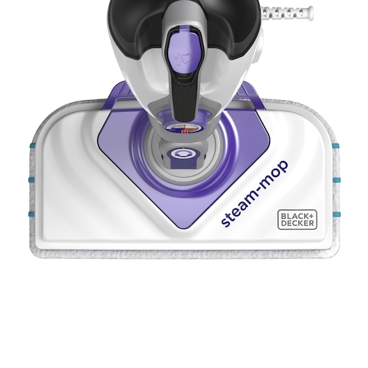 Vue de face en gros plan d'une serpillière à vapeur BLACK+DECKER, montrant la tête de la serpillière avec un design violet et blanc et le logo 'steam-mop'.