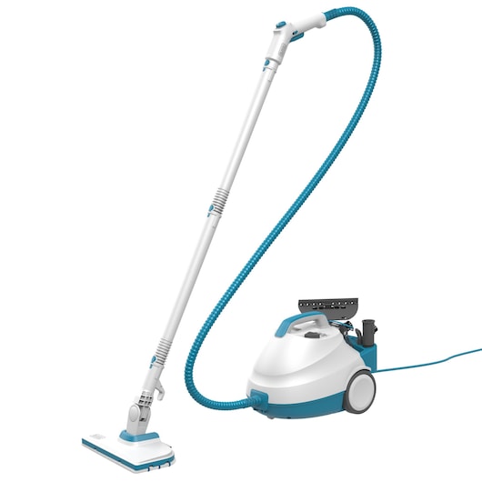 Un nettoyeur vapeur traîneau blanc et bleu avec un long tuyau flexible et une rallonge, conçu pour nettoyer les sols et les surfaces.
