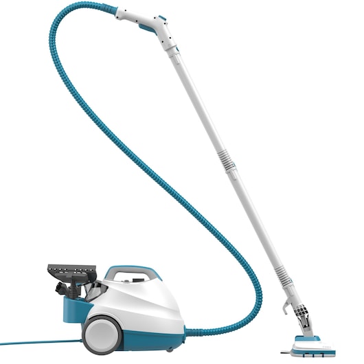Un nettoyeur à vapeur blanc et bleu avec un long tuyau et une tête de nettoyage, adapté au nettoyage des sols et des surfaces.