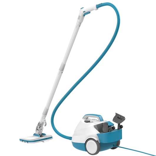 Un nettoyeur vapeur BLACK+DECKER avec un corps bleu et blanc, une longue poignée, un tuyau flexible bleu et des accessoires de nettoyage rangés dans la base.
