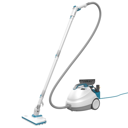 BLACKDECKER BHSMP2314 stoomreiniger met witte behuizing, blauwe accenten, lange slang en vloeraccessoire op witte achtergrond.