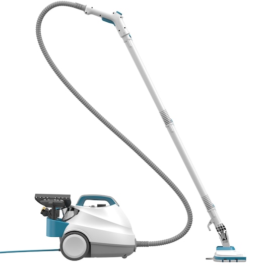 BLACKDECKER BHSMP2314 wit-blauwe sledestoomreiniger met lange flexibele slang, zijaanzicht, op witte achtergrond.