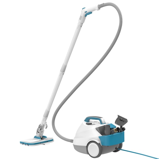 BLACKDECKER BHSMP2314 stoomreiniger met lange slang, dweilkop en accessoirevak, zijaanzicht.