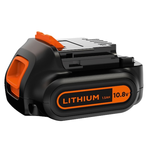 BLACKDECKER BL1512 lithium 10.8v 1.5Ah accu voor elektrisch gereedschap, zwart en oranje, frontaal op wit.