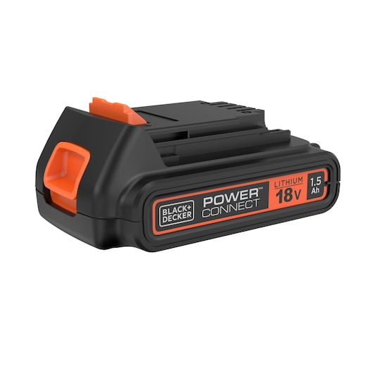BLACKDECKER BL1518 lithium 18V 1,5Ah accu, zwart en oranje, schuine zijaanzicht, op witte achtergrond.